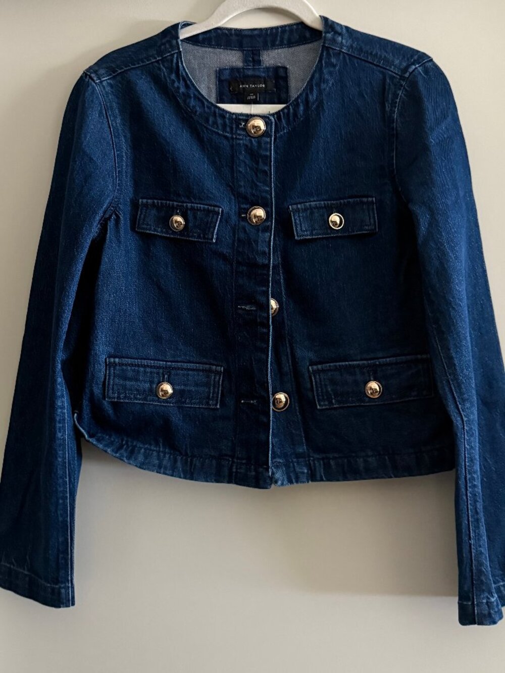 NWT Ann Taylor Denim Lady Jacket Dark Wash Gold Buttons